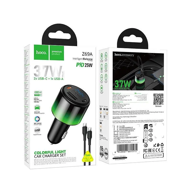 Адаптер автомобільний HOCO C to C cable Vivido PD37W car charger with digital display set Z69A 2C/1A, PD25W/3A - фото 2