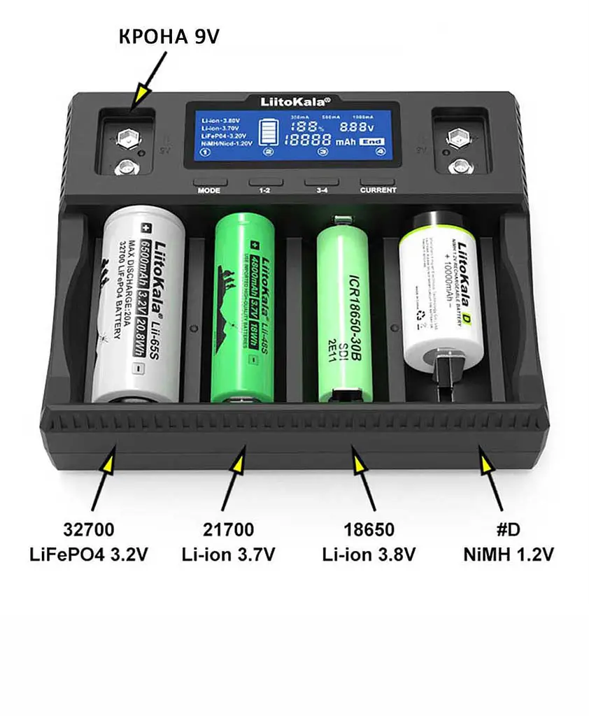 Зарядний пристрій LiitoKala Lii-D4XL для акумуляторів АА, ААА, 18650, 21700, 26650, 32700 Li-ion, Ni-MH, Ni-Cd, LiFePO4, Крона 9В (19420) - фото 6