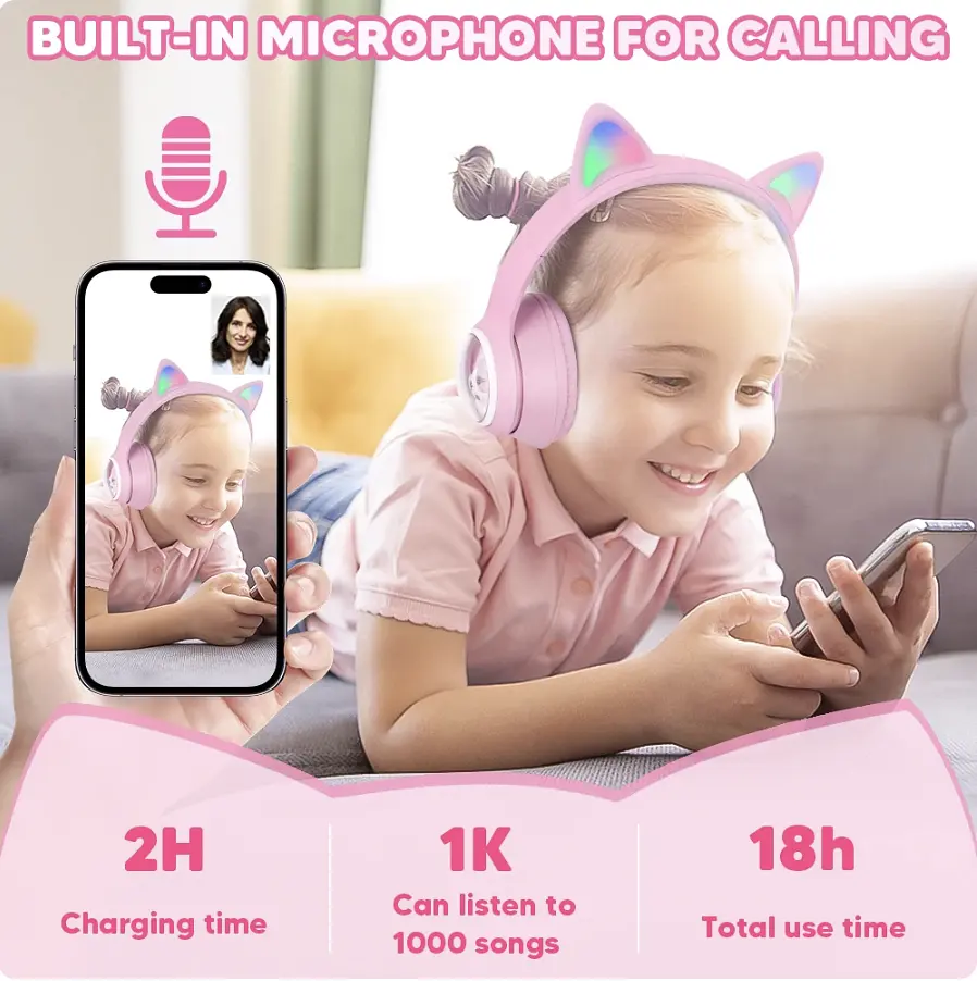 Детские беспроводные Bluetooth наушники AZK-01 c RGB подсветкой и встроенным микрофоном Розовый - фото 3