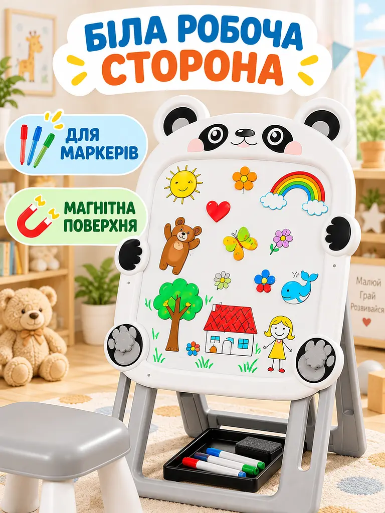 Дитячий мольберт для малювання двосторонній магнітний з табуретом і набором для творчості, для маркерів і крейди, біло-сірий - фото 4