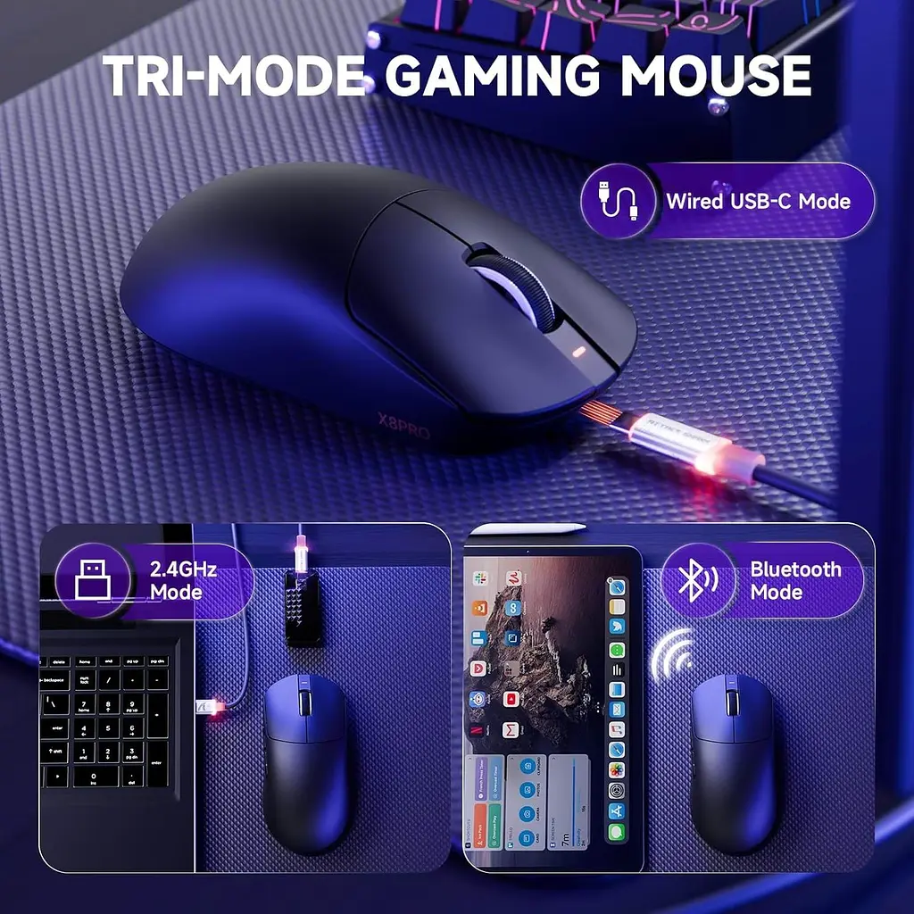 Бездротова миша ATTACK SHARK X8 Pro PAW 3395PRO Sensor,40K DPI,8K 2.4G/USB-C з кабелем/Bluetooth Чорна - фото 7