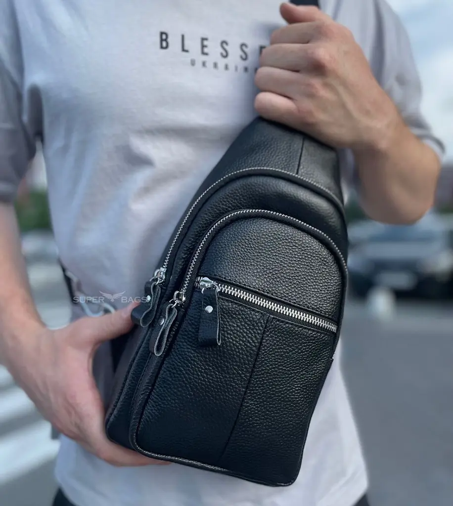 Чоловічий нагрудний шкіряний слінг 18х32х7 через плече TIDING BAG-MK 83423 чорний 18 см - фото 8