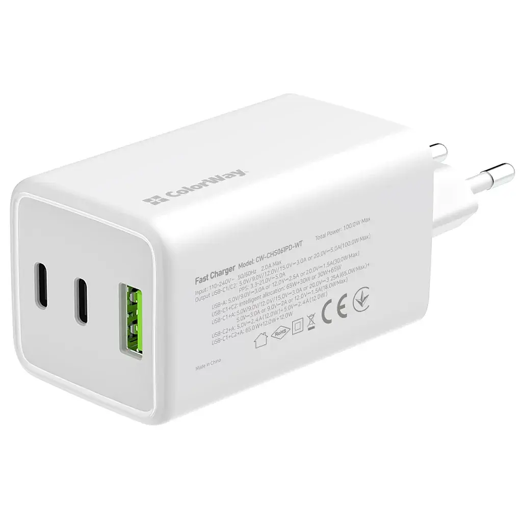 Зарядний пристрій ColorWay C101B GaN Mini 100W PD PPS 2xUSB-C + USB-A white (CW-CHS061PD-WT) - фото 2
