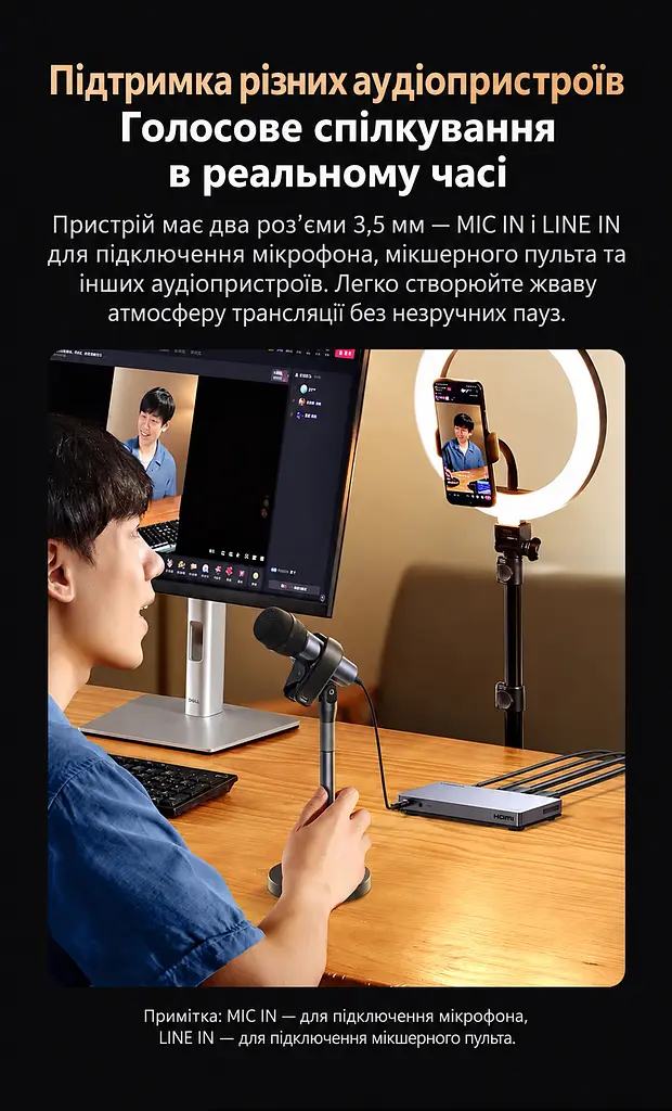 Двоканальна карта захоплення аудіо/відео UGREEN UG501 2 входи HDMI до 4K 30 Гц вихід USB-C до 1080p 60 Гц запис двох джерел за нестачі живлення потрібне USB-C 5 В мікрофонний і лінійний входи 3,5 мм USB 3.2 Gen 2 YUY2/MJPEG картинка в картинці й перемикання камер через програму трансляцій дві платформи через дві програми LED-індикація алюмінієвий корпус із вентиляцією силіконова основа кабель USB-C ↔ USB-C з адаптером USB-A у комплекті космічний сірий (35867) - фото 9