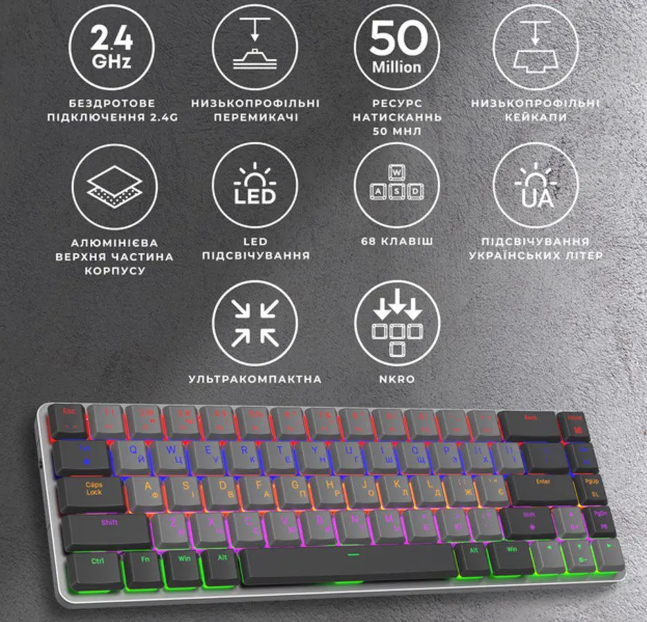 Клавиатура игровая механическая беспроводная GamePro MK-122R 2.4G Wireless Red Swich Low Profile Dark Gray - фото 3