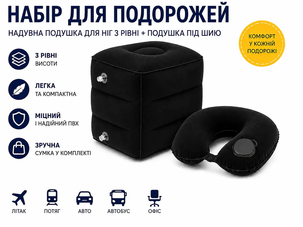 Набір для подорожей - надувна подушка для ніг 3 рівні + дорожня подушка для шиї + сумка для зберігання чорний - фото 2