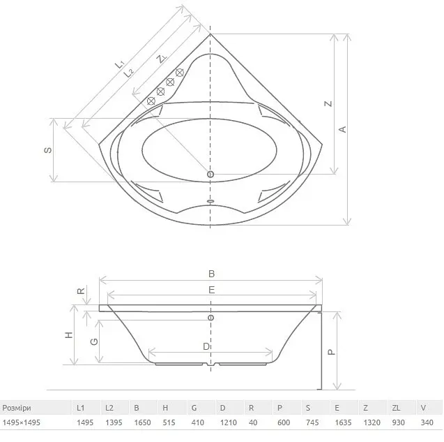Ванна акриловая Radaway Keria 149,5x149,5 + ножки (WA1-37-150x150U) - фото 2