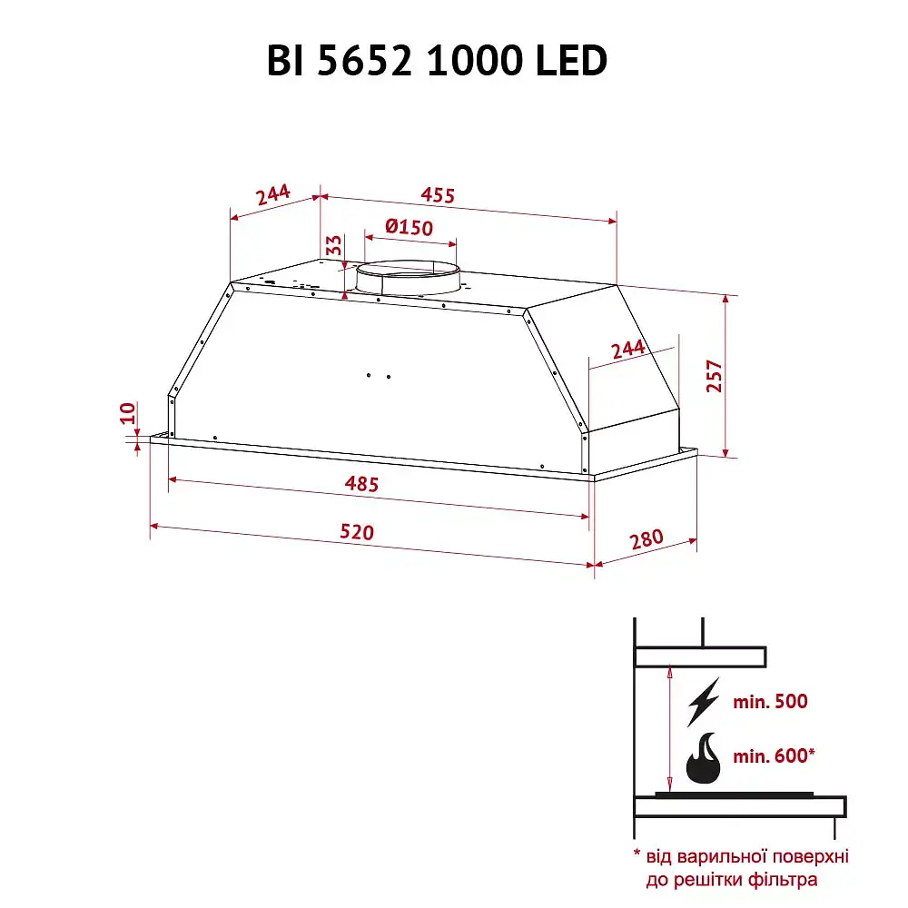 Витяжка повновбудована Perfelli BI 5652 BL 1000 LED - фото 12