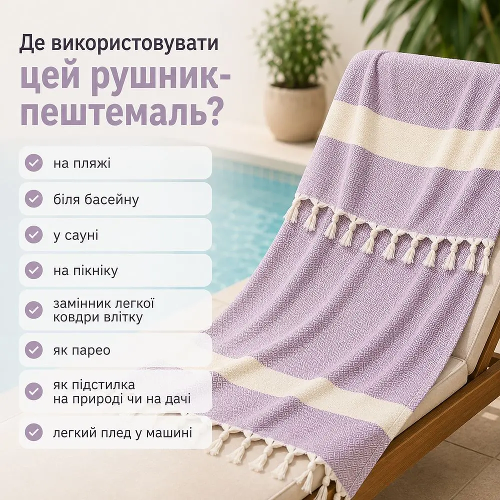 Рушник пештемаль Turkey Towel 100х180 см легкий великий для пляжу басейну бані сауни підстилка на дачу пікнік природу відпустку море ромб лавандовий - фото 3