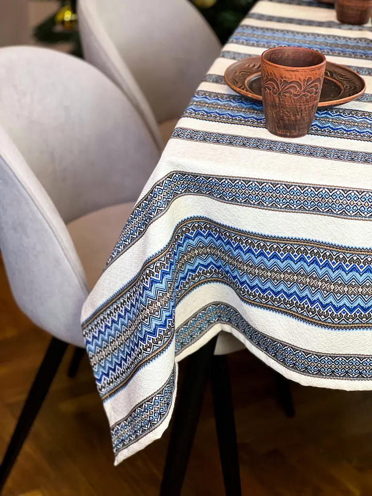 Лляна скатертина різдвяна з українським орнаментом "Рандеву синій" - 180х150 см - фото 7