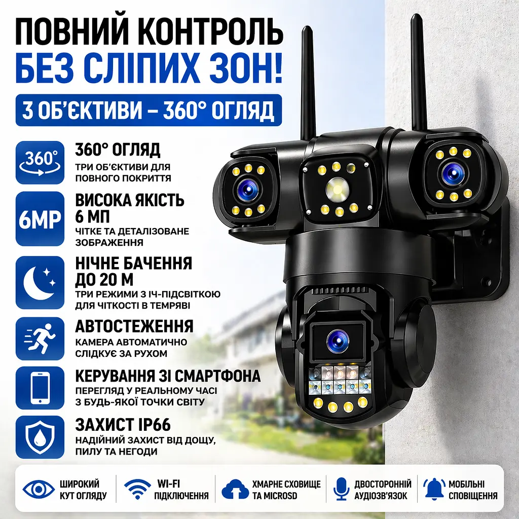 Вулична Wi-Fi IP-камера V380 з 3 об'єктивами 6 МП поворотна, нічне бачення 20 м, відеоспостереження - фото 6