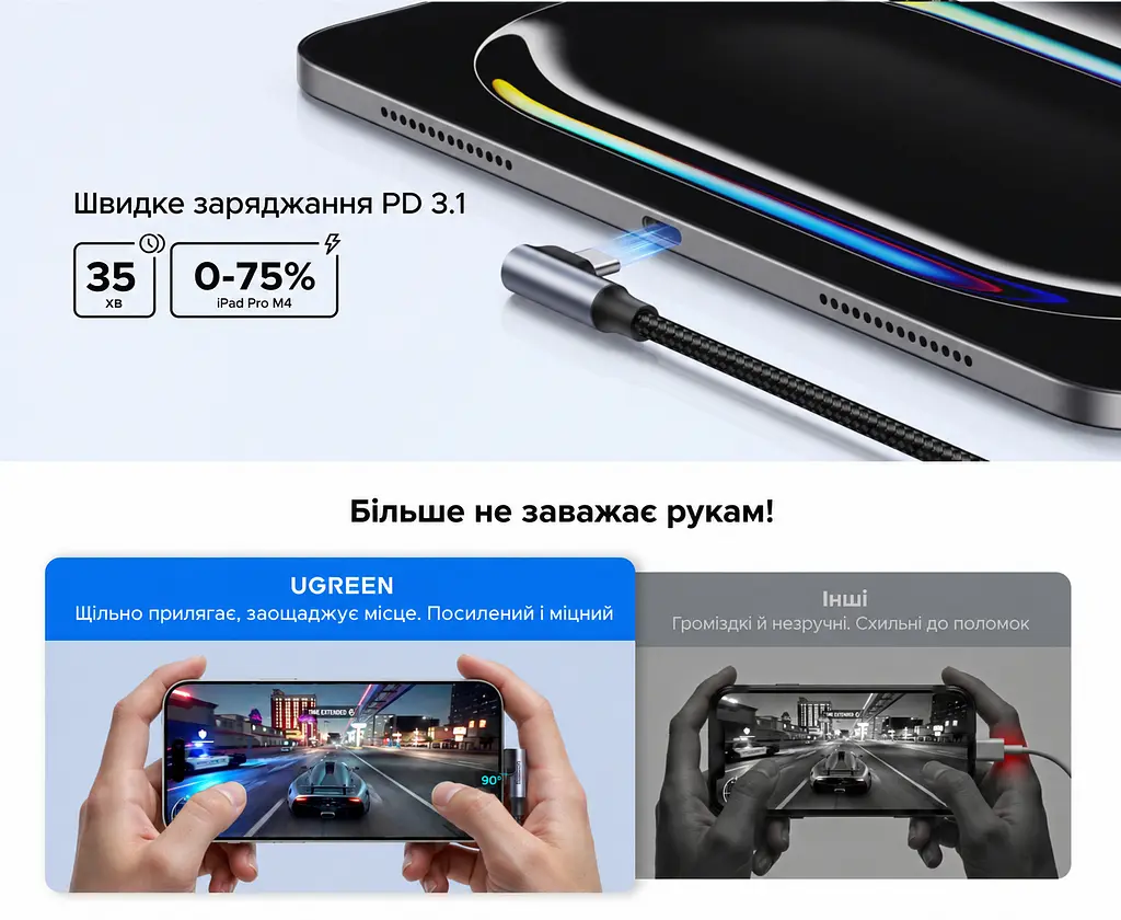 Кабель UGREEN L536 USB-C - USB-C кутовий 90° PD 3.1 240 Вт 2 м чорний (85345) - фото 11