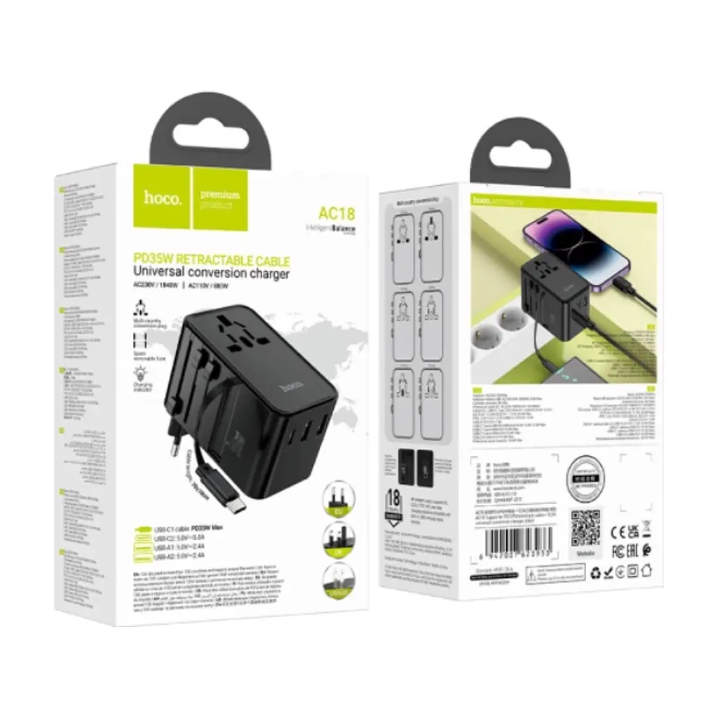 Мережевий фільтр живлення HOCO AC18A 1 роз, 2 USB, USB-C, 35W, 1,5м, Black (AC18AB) - фото 6