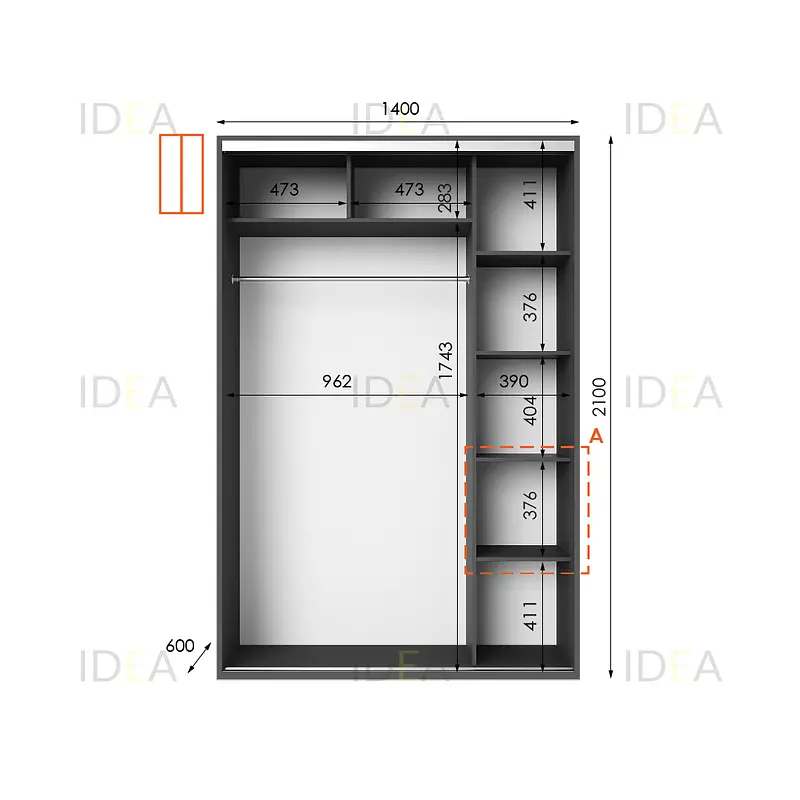 Шафа-купе Idea серія 5 140 x 60 x 210 см Антрацит Дзеркало - фото 2