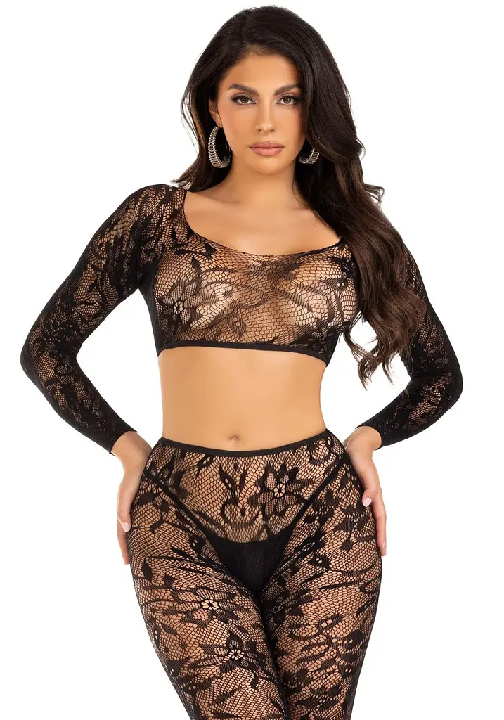 Комплект Leg Avenue Crop top & footless tights, One Size, чорний, кроп-топ та колготки без стопи - фото 3