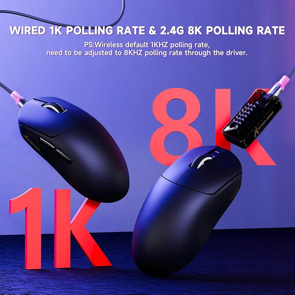 Бездротова миша ATTACK SHARK X8 Pro PAW 3395PRO Sensor,40K DPI,8K 2.4G/USB-C з кабелем/Bluetooth Чорна - фото 5