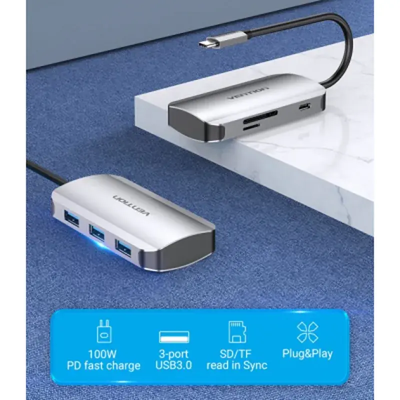 Концентратор Vention USB3.1 Type-C --> USB 3.0x3/SD/TF/PD 100W Hub 6-in-1 (TNHHB) - фото 2