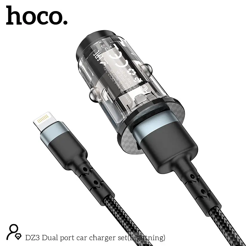 Адаптер автомобільний HOCO DZ3 2 USB car charger + кабель Lightning прозоро чорний - фото 4