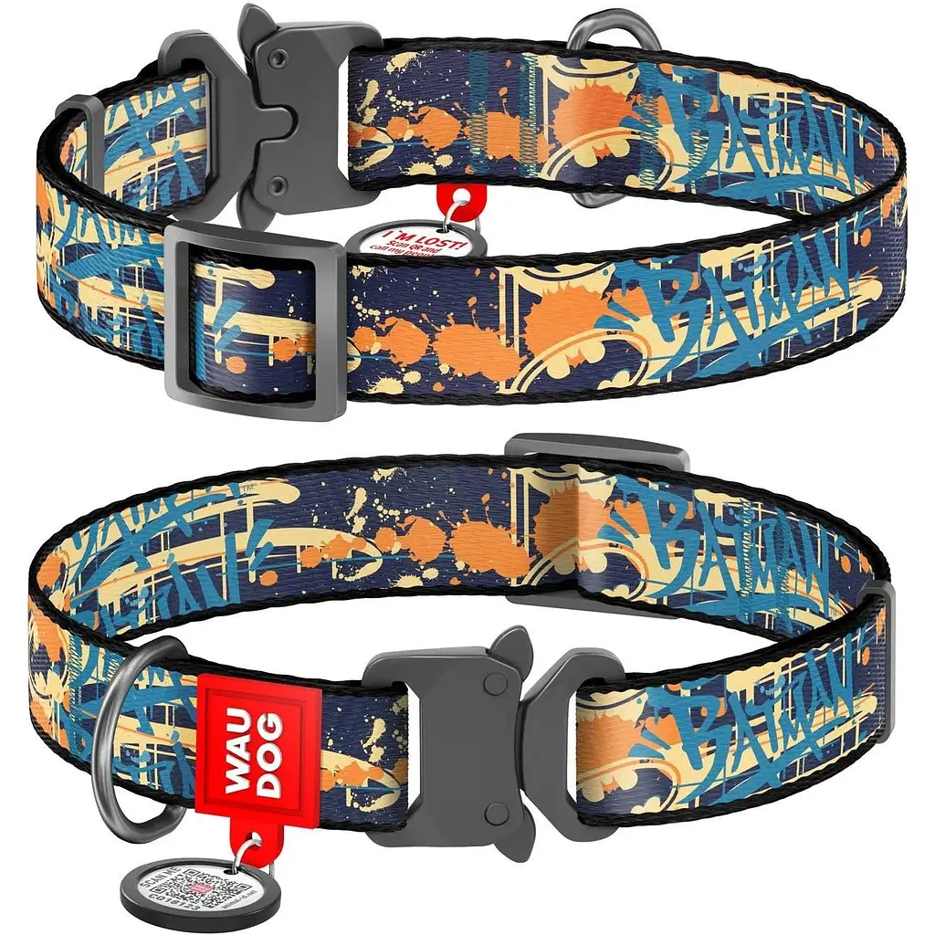 Ошейник для собак Waudog Nylon нейлоновый c QR паспортом, рисунок Бэтмен Джинс, металлическая пряжка-фастекс, XL, Ш 25 мм, Дл 35-58 см - фото 1