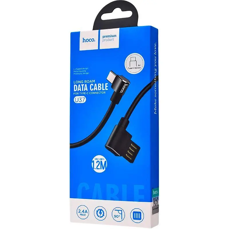 USB Cable Hoco U37 Long Roam Type-C (L Shape) Black 1.2m - фото 2