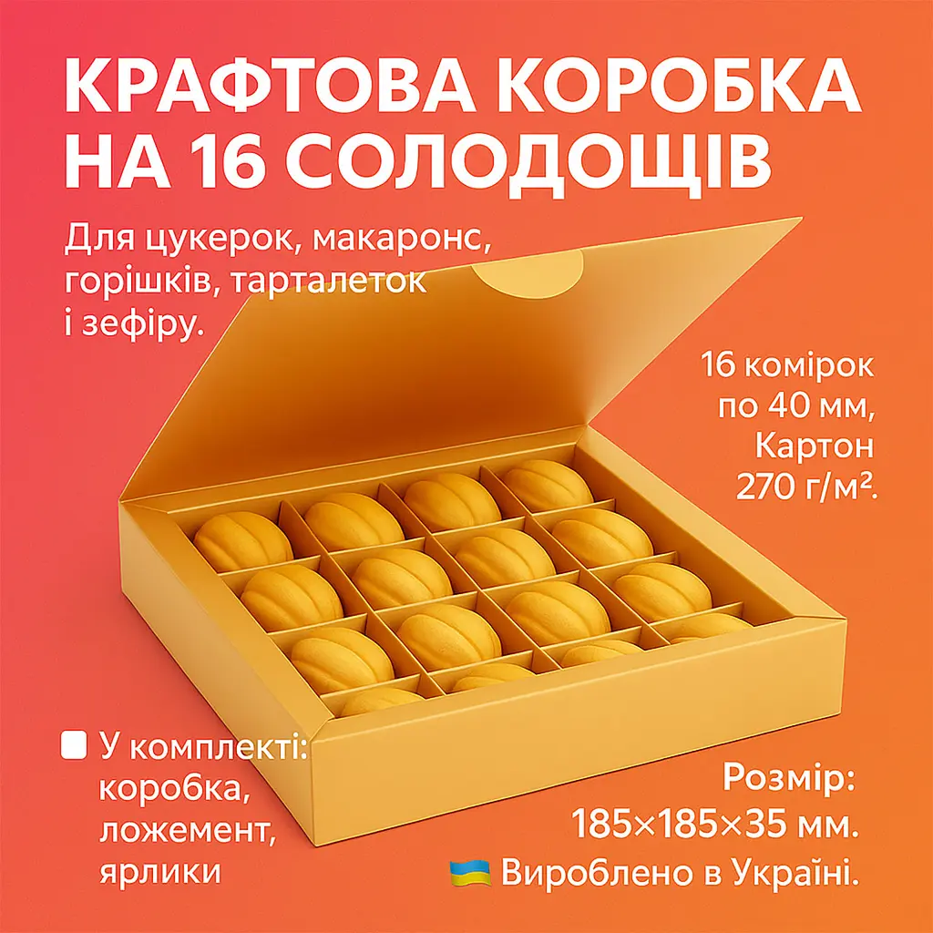 Коробка крафт для 16 цукерок, горішків, макаронс, зефіру та тарталеток з комірками 185×185×35 мм подарункова упаковка, Vals Крафт 87906 - фото 2