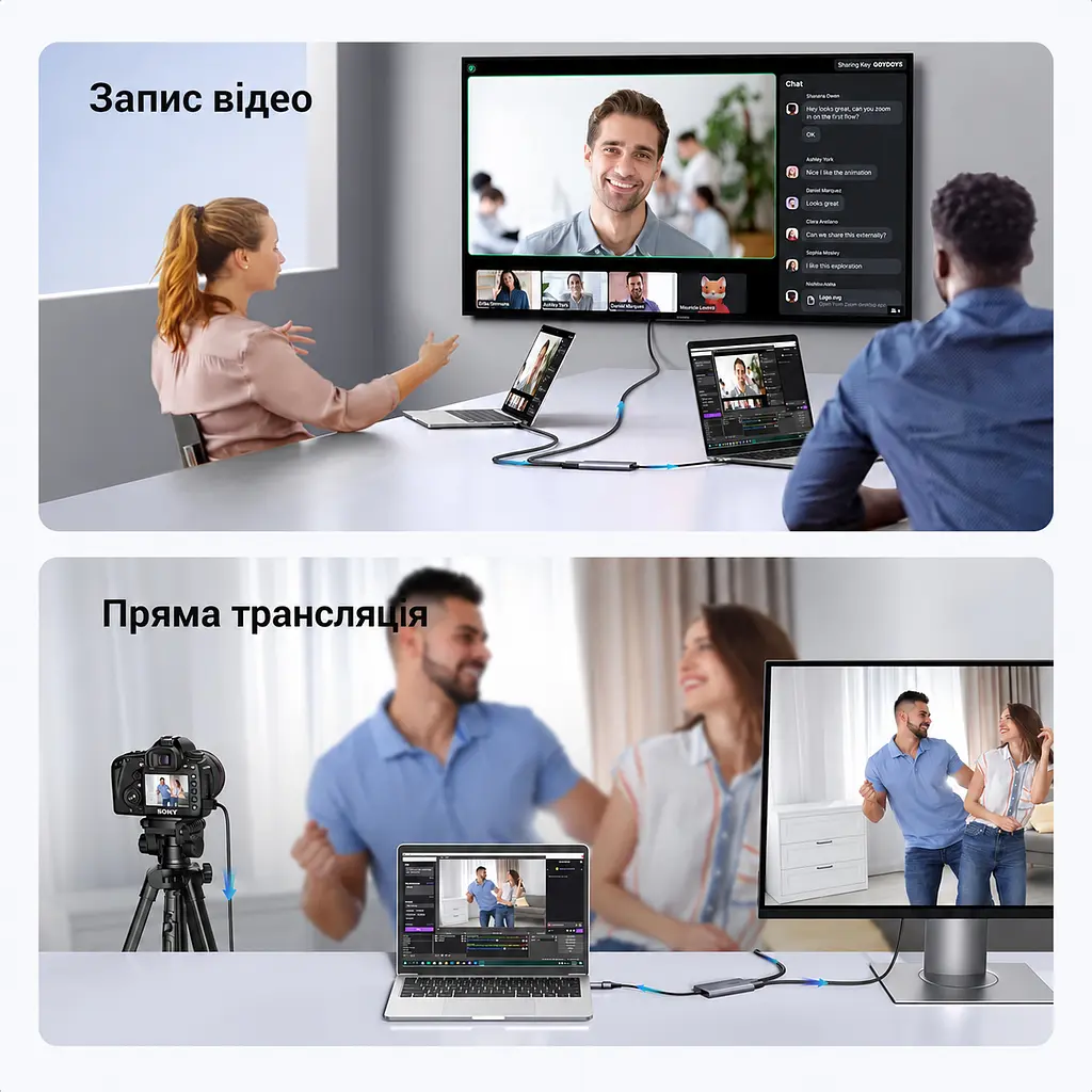 Карта відеозахоплення UGREEN CM726 з HDMI на USB-A/USB-C 3.0 захоплення 2K 30 Гц або 1080p 60 Гц з наскрізним виходом HDMI 4K 30 Гц для сигналу без захисту HDCP із захопленням звуку для OBS Studio формати YUY2 і MJPEG алюмінієвий корпус космічний сірий (25773) - фото 13