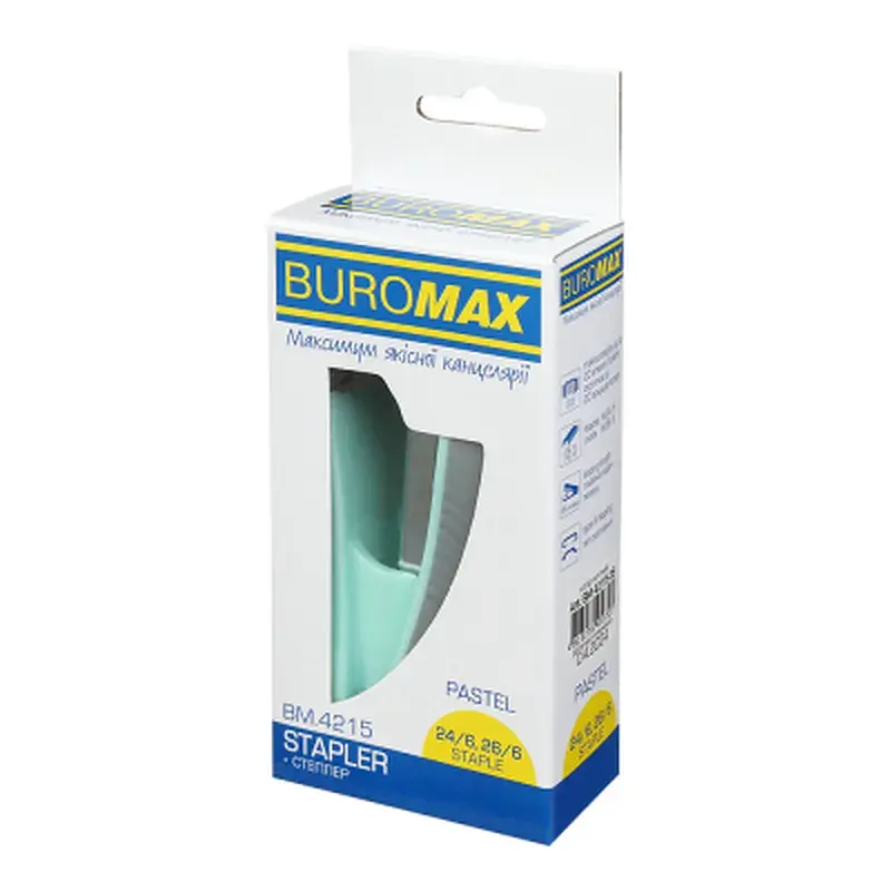 Степлер Buromax пластиковий PASTEL, 20 аркушів, (скоби №24, 26), 111 х 62 х 32 мм, м'ятний (BM.4215-38) - фото 5