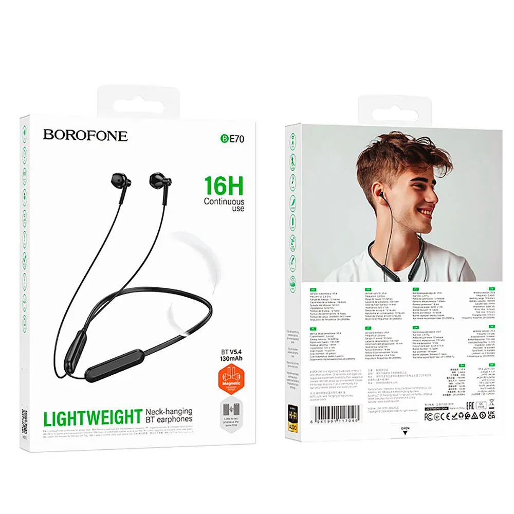 Бездротові спортивні навушники BOROFONE BE70 Light neck-hanging BT earphones obsidian black - фото 5