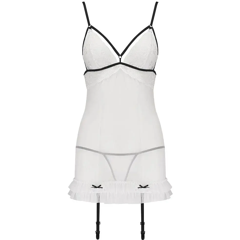 Сорочка прозора з пажами Passion ORIHIME CHEMISE White L/XL, трусики, стрепи - фото 3