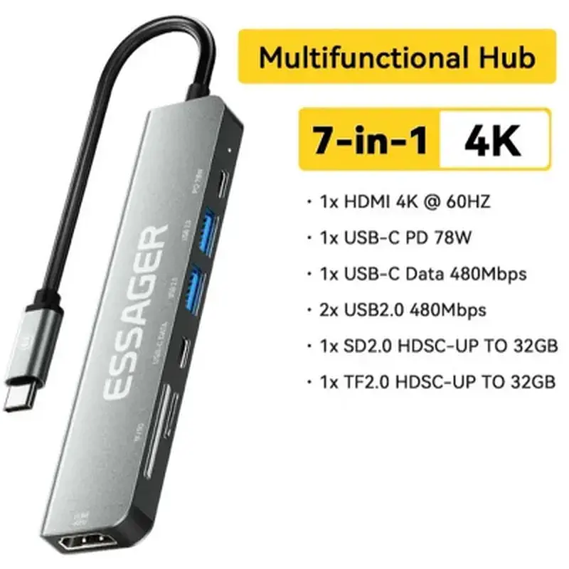 Концентратор Essager USB-C 7-in-1 HDMI + USB 3.2 + USB-C + SD/TF gray (EHB07-QH0G-Z) - фото 2