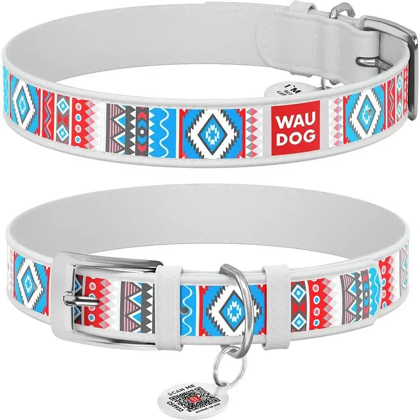 Нашийник для собак Waudog Design Етно, шкіряний, з QR паспортом, 30-39х2 см, білий - фото 4