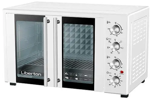 Електродуховка Liberton LEO-500 White, 1700W, 50л, подвійні розпашні дверцята, 6 режімів нагріву, конвекція, підсвітка, 70-250 °C, механічне керування, таймер, рожен, решітка, деко, лоток для крихт та жиру, тримач для дека, ТЕРМОРУКАВИЦЯ У ПОДАРУНОК