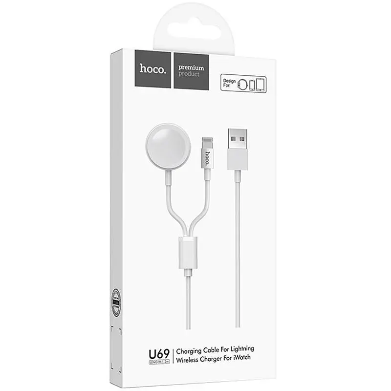 USB Cable Hoco U69 Portable 2-in-1 Lightning + IWatch Wireless Charger White 1m - фото 4