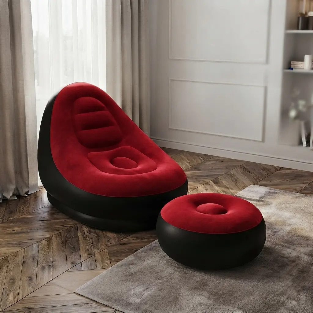 Надувне крісло диван 2в1 з пуфиком для ніг A-Sofa із вінілу з флокованим покриттям Крісло вінілове для відпочинку вдома саду максимальне навантаження до 150 кг Чорний з червоним