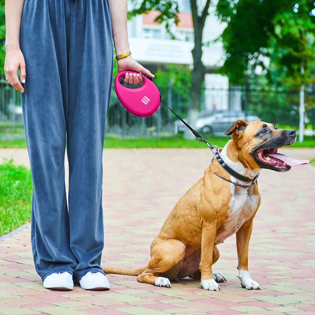 Поводок-рулетка для собак Waudog R-leash с контейнером для пакетов, светоотражающая лента, L до 40 кг, 5 м розовый - фото 11