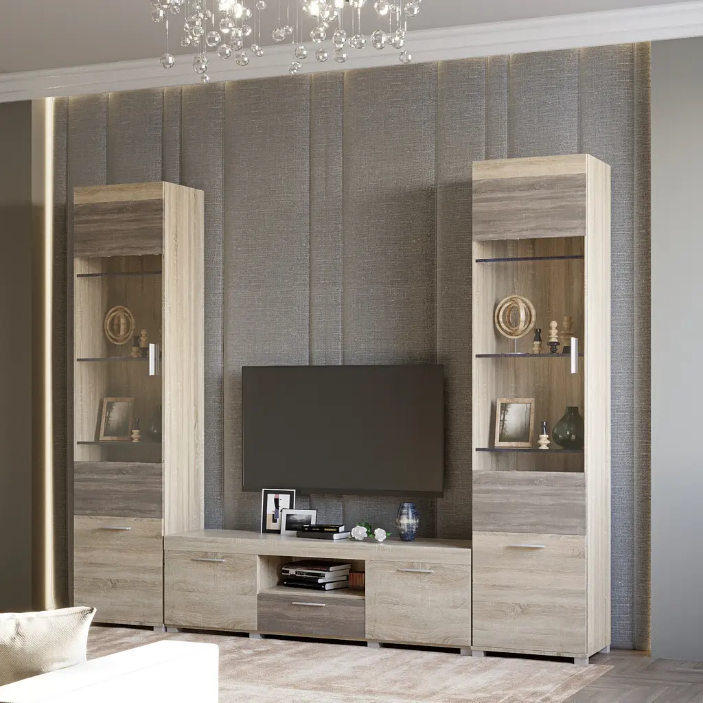 Стенка модульная в гостиную Эверест Британия комплект 7 Дуб Сонома/Трюфель (DTM-2505) - фото 2