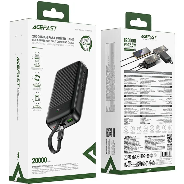УМБ Acefast 20000mAh 22,5W PD,QC3.0 USB-A+USB-C In/Out,built-in cable M14 Black - фото 5