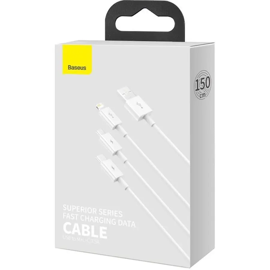 Кабель Baseus Superior Series Fast Charging 3-in-1 (Micro USB+Lightning+Type-C) 3.5A (1.5m) white (CAMLTYS-02) - фото 4
