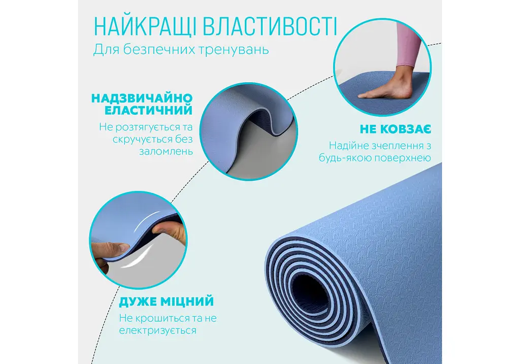 Килимок для йоги та фітнесу EasyFit TPE+TC 6 мм двошаровий (EF-1924-LBBL) - фото 3
