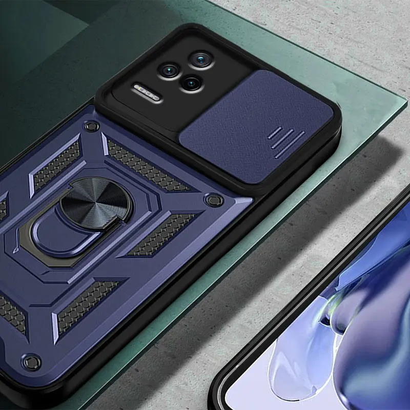 Ударостійкий чохол Camshield Serge Ring Xiaomi Poco F4 Синій, TPU+PC, Шторка на камеру - фото 2