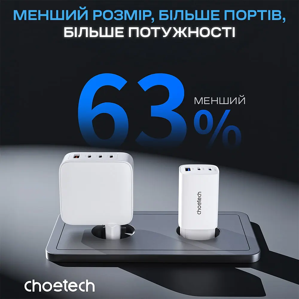 Мережевий зарядний пристрій Choetech PD9006 PD65W GAN USB-A+2xUSB-C White (43-00171) - фото 4
