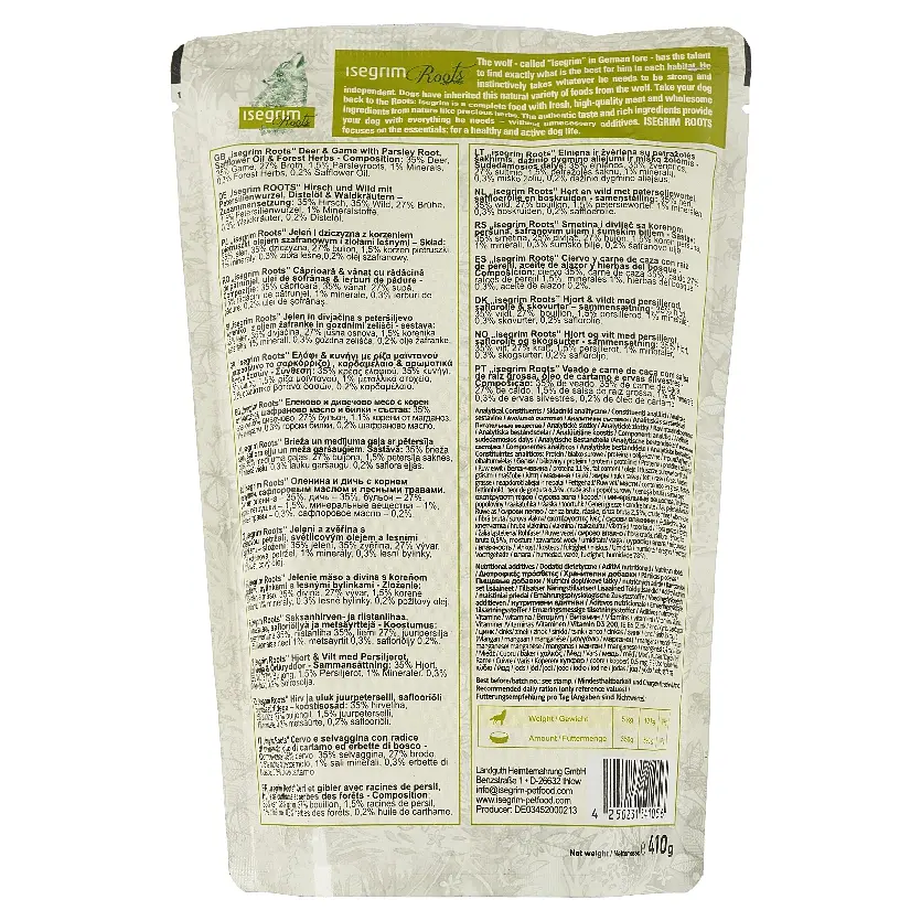 Набір вологого корму для дорослих собак Isegrim Adult Pouch Roots Multipack II Duoprotein: Лосось і форель, Качка з сердечками, Олень та дичина 2.46 кг (6 паучів по 410 г) - фото 7