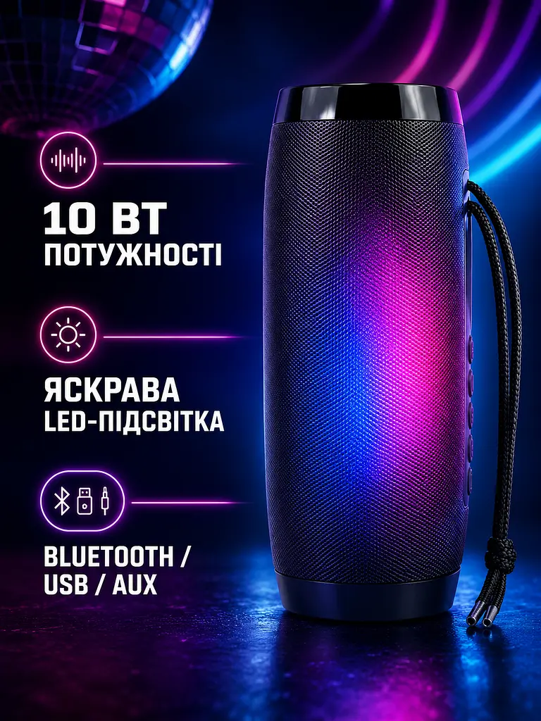 Портативна Bluetooth колонка 10 Вт з LED-підсвіткою, FM радіо, USB, AUX, microSD, PowerBank 17,9×7,3×7,3 см чорна (49676166) - фото 2