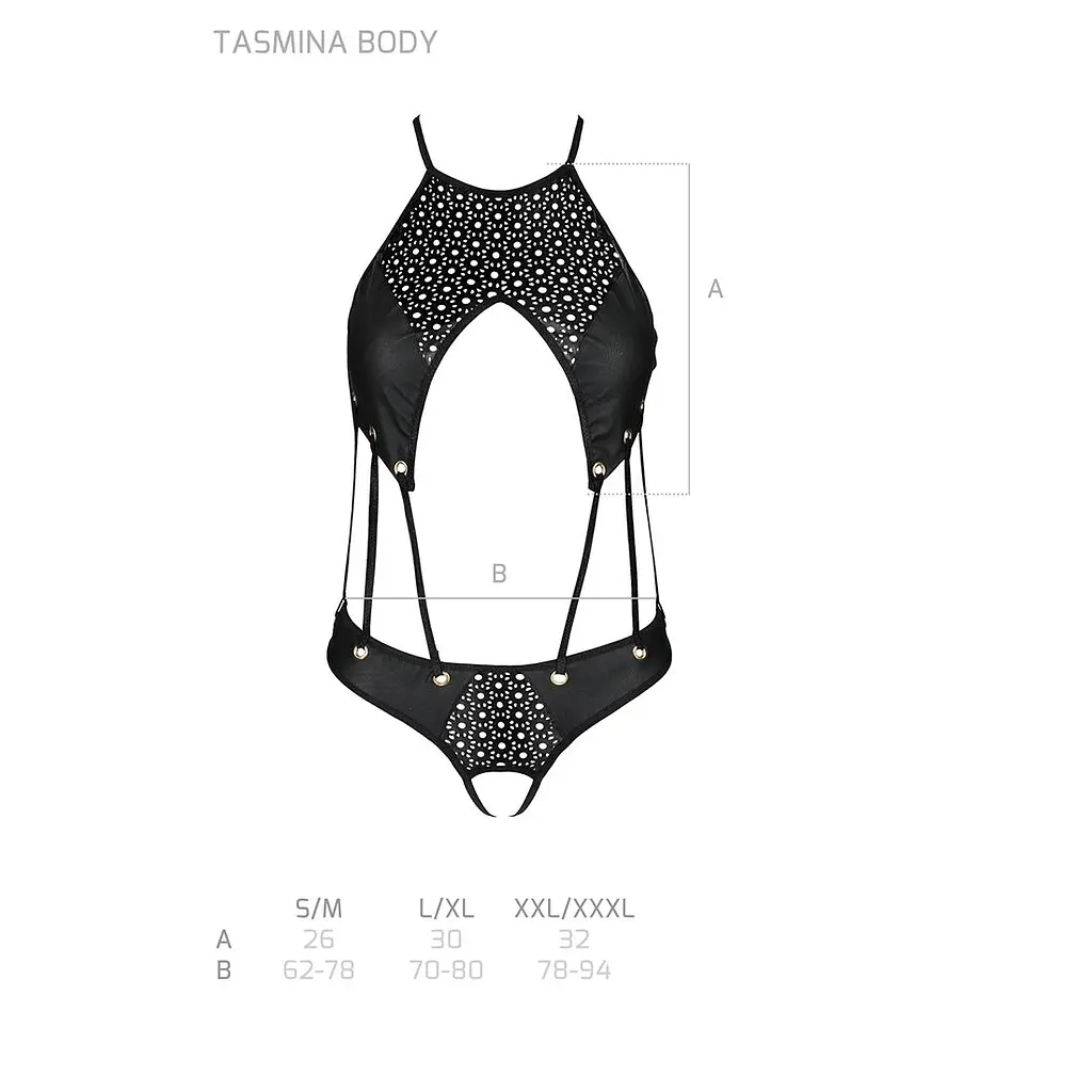 Боді з відкритим доступом Passion TASMINA BODY S/M, black, екошкіра, шнурівки, ажурні мережива - фото 5