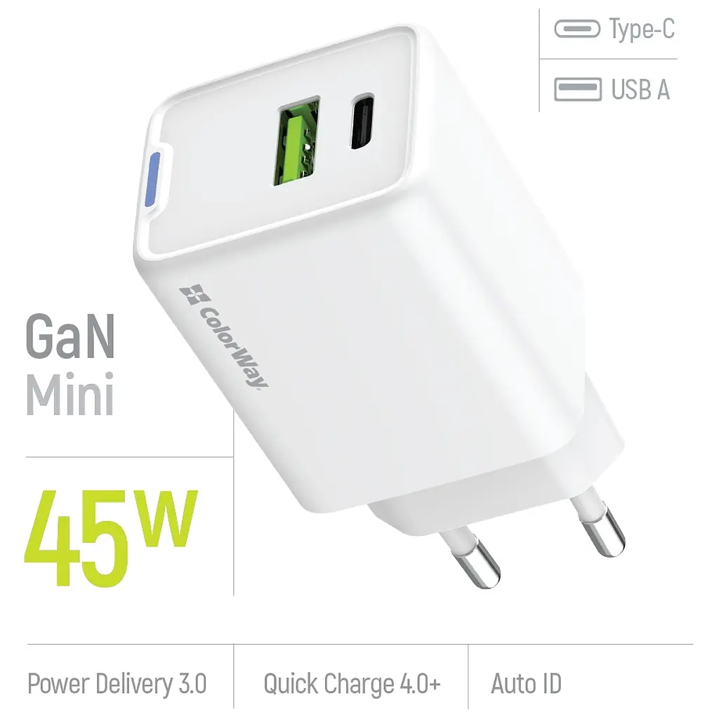 Зарядний пристрій ColorWay C101E GaN Mini 45 Вт PD PPS USB-C + USB-A QC 4.0 білий (CW-CHS060PD-WT) - фото 8