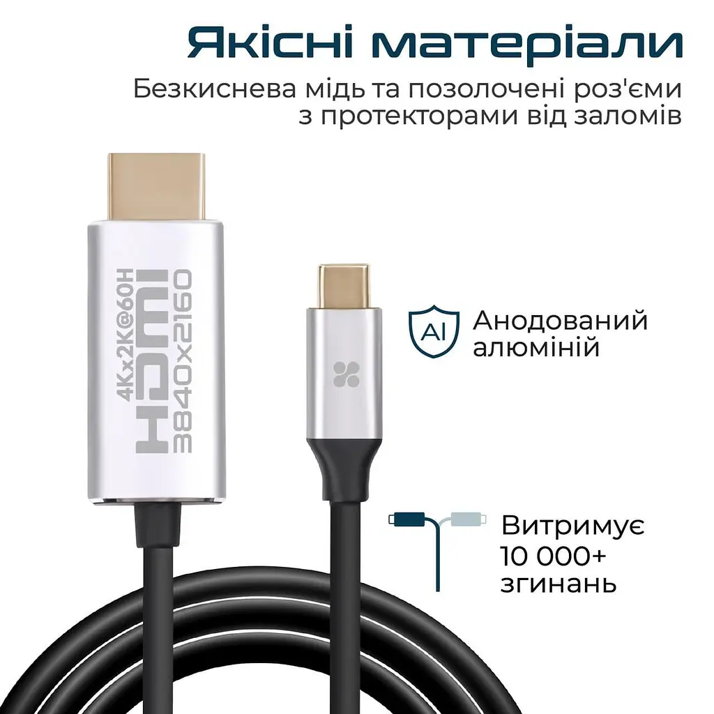 Кабель Promate HDMI-USB Type C V 2.0 2 м (hdlink-60h.grey) - фото 3