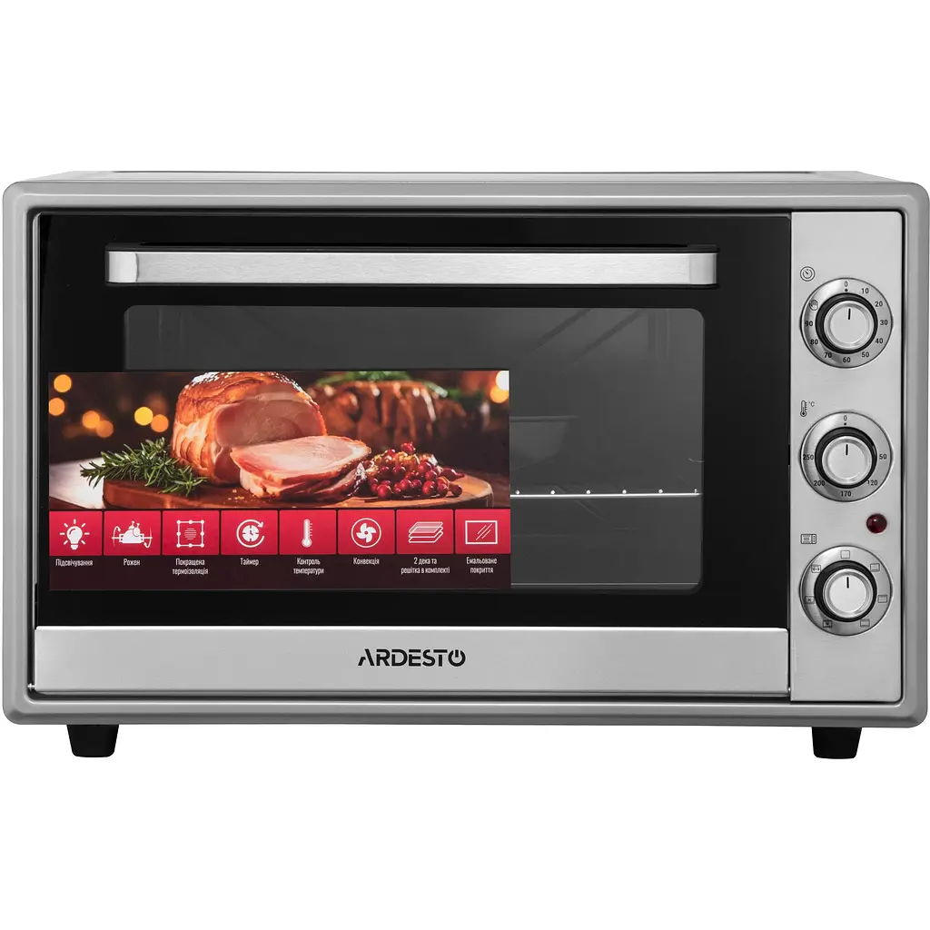 Печь электрическая Ardesto 60 л, 2000 Вт, механич., конвенция, двойное стекло, вертел, серый - фото 3