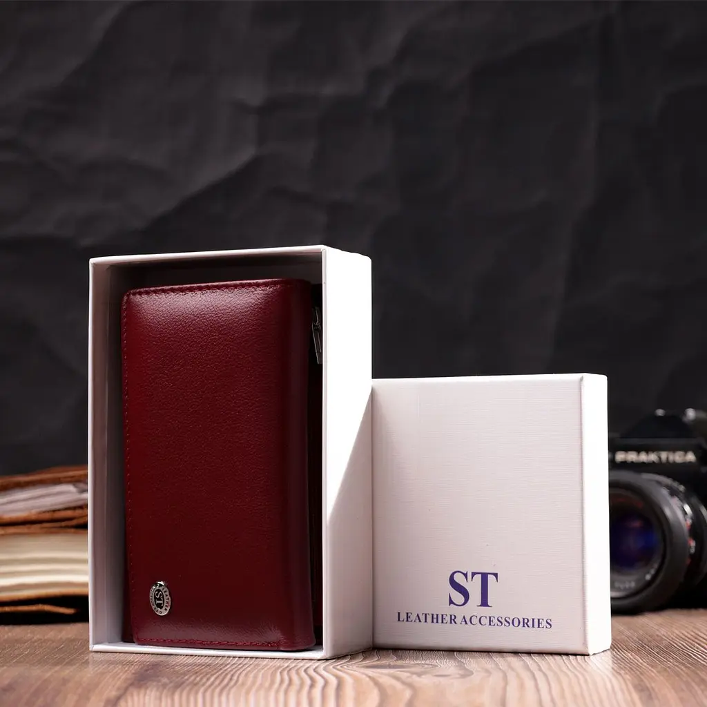 Симпатичний жіночий гаманець у три складання з натуральної шкіри ST Leather 19470 бордовий - фото 8