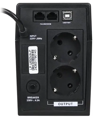 Источник бесперебойного питания U650VA-P Black, 390 Вт, 2 розетки, AVR LogicPower teh0033905 - фото 4