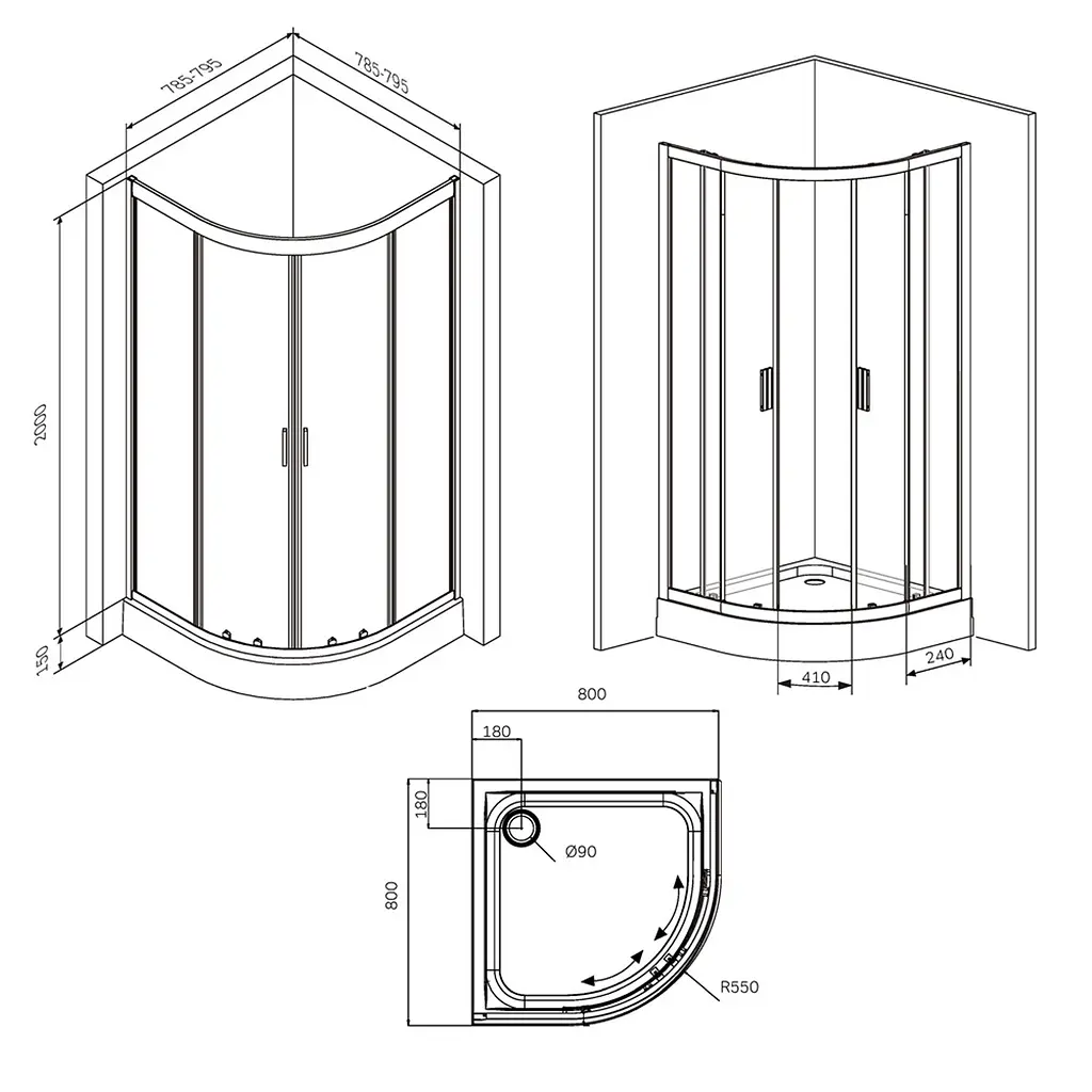 Душове огородження 1/4 Round AM.PM Gem 90×90 см, без піддону, чорний профіль W90UG-401-9090-BT - фото 11